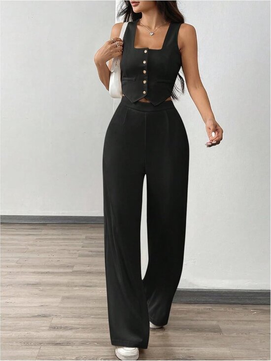 🆕Women's Black 2 Piece Sets Wide Leg Pants Outfits Sleeveless Blazer Vest Suits - Picture 3 of 6